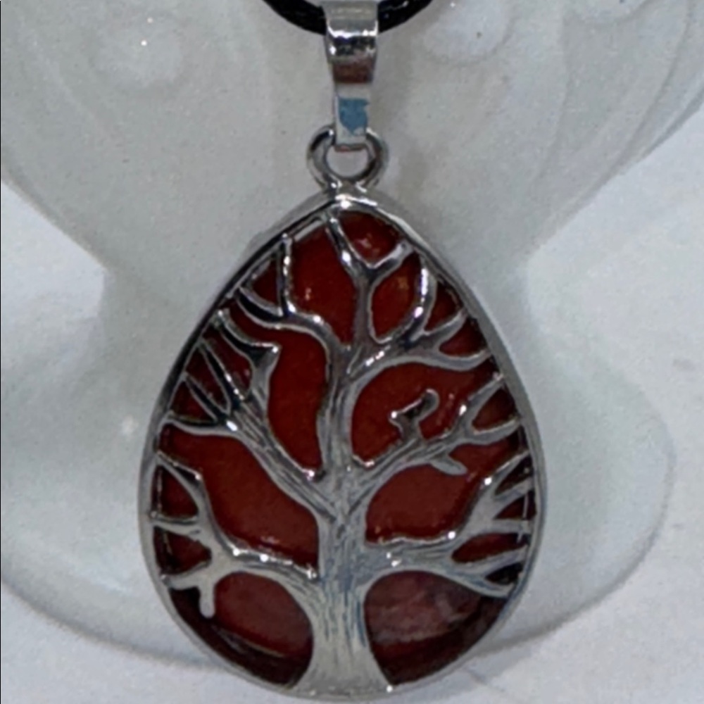 Red Jasper gemstone necklace 2” silver tone tree of life Pendant on 9” cord NEW - Picture 3 of 6
